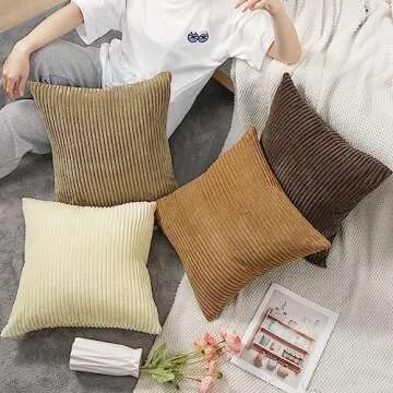 Lewondr Corduroy Throw Pillow Covers 18x18, Set of 4 Multi-Color Matching Square Soft Throw Pillow Cases Modern Stripes Couch Pillows for Living Room Home Bedroom Sofa Car Office Decor, 45x45cm/Brown