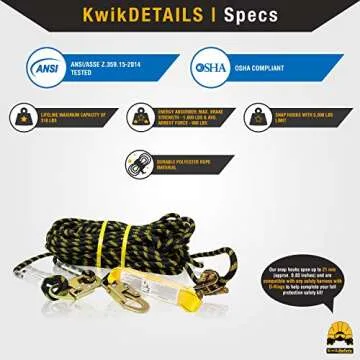 KwikSafety - Charlotte, NC - TSUNAMI [Premium BRAIDED ROPE] Vertical Lifeline ANSI OSHA Rope Grab Snap Hook Shock Absorber Fall Protection Line Kit Restraint System Roofing Safety Equipment / 25 FT.