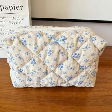 ZUNUONUO Cotton Quilted Makeup Bag Coquette Accessories Make up Bag Organizer Cute Floral Cosmetic Pouch Travel Makeup Bag for Women (Blue floral)