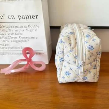 ZUNUONUO Cotton Quilted Makeup Bag Coquette Accessories Make up Bag Organizer Cute Floral Cosmetic Pouch Travel Makeup Bag for Women (Blue floral)