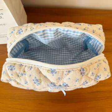 ZUNUONUO Cotton Quilted Makeup Bag Coquette Accessories Make up Bag Organizer Cute Floral Cosmetic Pouch Travel Makeup Bag for Women (Blue floral)