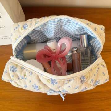 ZUNUONUO Cotton Quilted Makeup Bag Coquette Accessories Make up Bag Organizer Cute Floral Cosmetic Pouch Travel Makeup Bag for Women (Blue floral)
