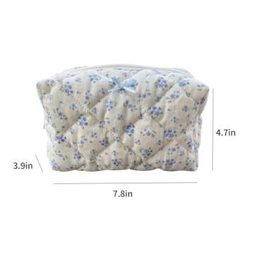 ZUNUONUO Cotton Quilted Makeup Bag Coquette Accessories Make up Bag Organizer Cute Floral Cosmetic Pouch Travel Makeup Bag for Women (Blue floral)