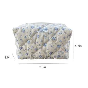ZUNUONUO Cotton Quilted Makeup Bag Coquette Accessories Make up Bag Organizer Cute Floral Cosmetic Pouch Travel Makeup Bag for Women (Blue floral)