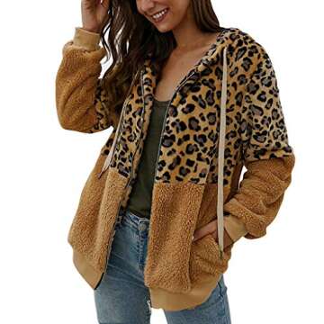 Behkiuoda Women Coat Leopard Print Warm Overcoat Long Sleeve Cardigan Zipper Keep Warm Parka Jacket Khaki