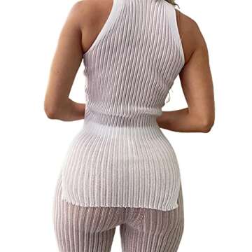 Sundro Women 2 Piece Knitted Outfits Summer Sleeveless Vest Tank Tops Tight Pants Ribbed Leggings See Through Matching Set Tracksuit (White , Large )