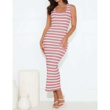 ZESICA Women's Summer Square Neck Bodycon Midi Dresses 2025 Casual Sleeveless Ribbed Knit Striped Be...