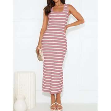 ZESICA Women's Summer Square Neck Bodycon Midi Dresses 2025 Casual Sleeveless Ribbed Knit Striped Beach Vacation Long Dress,Pink,X-Large
