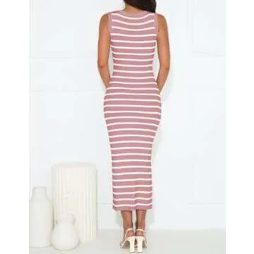 ZESICA Women's Summer Square Neck Bodycon Midi Dresses 2025 Casual Sleeveless Ribbed Knit Striped Beach Vacation Long Dress,Pink,X-Large