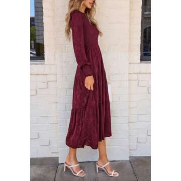 PRETTYGARDEN Women's Fall Spring Midi Dress Long Sleeve Floral Smocked Elegant Wedding Guest Long Flowy Dresses with Pockets (Wine Red,X-Large)