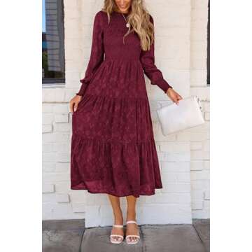 PRETTYGARDEN Women's Fall Spring Midi Dress Long Sleeve Floral Smocked Elegant Wedding Guest Long Flowy Dresses with Pockets (Wine Red,X-Large)