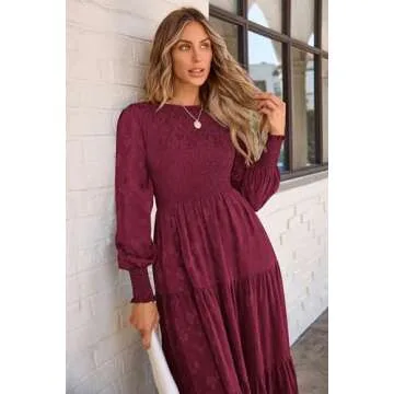 PRETTYGARDEN Women's Fall Spring Midi Dress Long Sleeve Floral Smocked Elegant Wedding Guest Long Flowy Dresses with Pockets (Wine Red,X-Large)