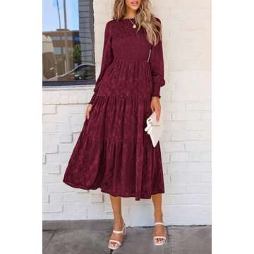 PRETTYGARDEN Women's Fall Spring Midi Dress Long Sleeve Floral Smocked Elegant Wedding Guest Long Flowy Dresses with Pockets (Wine Red,X-Large)