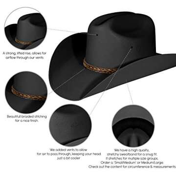 Enimay Western Cowboy & Cowgirl Hat Pinch Front Wide Brim Style (Small | Medium, Classic Black)