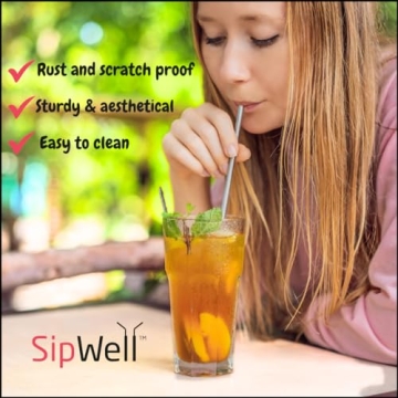 SipWell Stainless Steel Drinking Straws Set of 4, Curved metal Straws reusable for 20 0z Tumbler, | Fits all Yeti SIC Simple Modern Tumblers, Cleaning Brush Included.