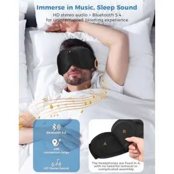 Mixiba 3D Contoured Sleep Mask with Bluetooth Headphones, Eye Mask for Sleep, Sleeping Headphones for Side Sleepers with Ultra-Thin Stereo Speakers for Men, Women, Tech Gifts - Black