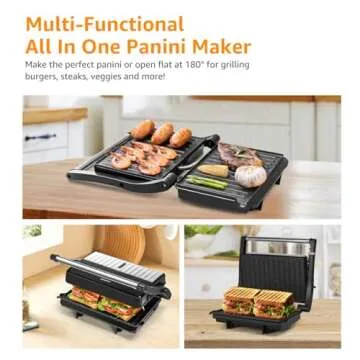 Panini Press Grill, Aigostar 1000W Sandwich Maker with Ceramic Non-stick Plates, Opens 180 Degrees for Any Size Food, 3-in-1 Sandwich Press Electric Grill, Drip Spout & Locking Lid, Sliver