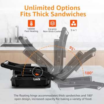 Panini Press Grill, Aigostar 1000W Sandwich Maker with Ceramic Non-stick Plates, Opens 180 Degrees for Any Size Food, 3-in-1 Sandwich Press Electric Grill, Drip Spout & Locking Lid, Sliver