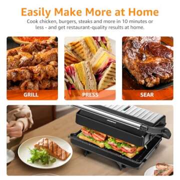 Panini Press Grill, Aigostar 1000W Sandwich Maker with Ceramic Non-stick Plates, Opens 180 Degrees for Any Size Food, 3-in-1 Sandwich Press Electric Grill, Drip Spout & Locking Lid, Sliver