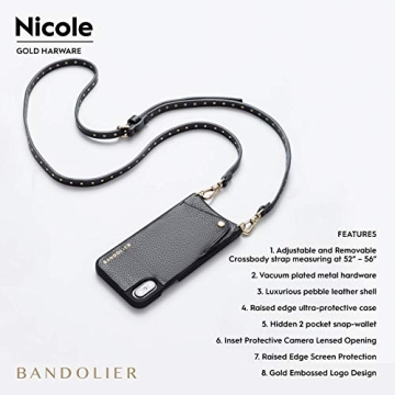 Bandolier Nicole Crossbody Phone Case and Wallet - Black Leather With Gold Detail - Compatible With iPhone SE / 8, 7, 6 Only