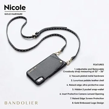 Bandolier Nicole Crossbody Phone Case and Wallet - Black Leather With Gold Detail - Compatible With iPhone SE / 8, 7, 6 Only