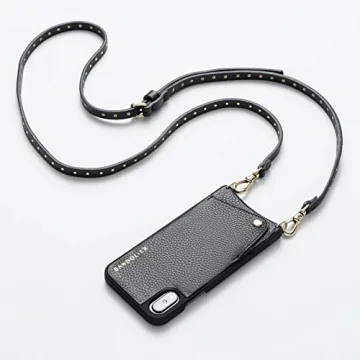 Bandolier Nicole Crossbody Phone Case and Wallet - Black Leather With Gold Detail - Compatible With iPhone SE / 8, 7, 6 Only