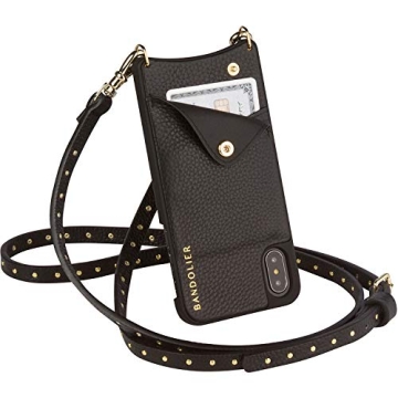 Bandolier Nicole Crossbody Phone Case and Wallet - Black Leather With Gold Detail - Compatible With iPhone SE / 8, 7, 6 Only