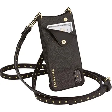 Bandolier Nicole Crossbody Phone Case and Wallet - Black Leather With Gold Detail - Compatible With iPhone SE / 8, 7, 6 Only