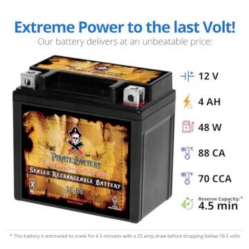 Pirate Battery YTX5L-BS Maintenance Free Replacement Battery compatible with ATV, Motorcycle, and Scooter: 12 Volts, 5 Amps, 4Ah, Nut and Bolt (T3) Terminal
