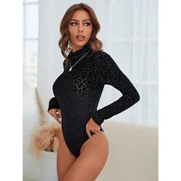 Floerns Women's Leopard Print Long Sleeve Mock Neck Velvet Bodysuit Tops Black Cheetah M