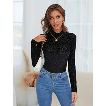 Floerns Women's Leopard Print Long Sleeve Mock Neck Velvet Bodysuit Tops Black Cheetah M