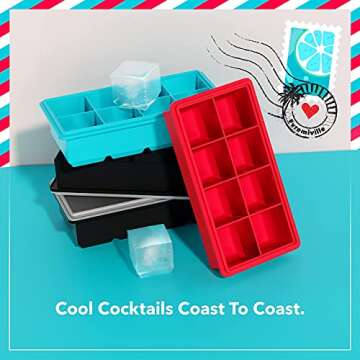 Vremi Stackable Large Ice Cube Trays — Pack of 2 Silicone Trays — 8 Cubes per Tray — Ideal for Cocktails, Frozen Treats, Soups, Sauces,and Baby Food — BPA Free with Frost Resistant Lids — Red and Blue