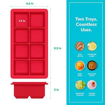 Vremi Stackable Large Ice Cube Trays — Pack of 2 Silicone Trays — 8 Cubes per Tray — Ideal for Cocktails, Frozen Treats, Soups, Sauces,and Baby Food — BPA Free with Frost Resistant Lids — Red and Blue