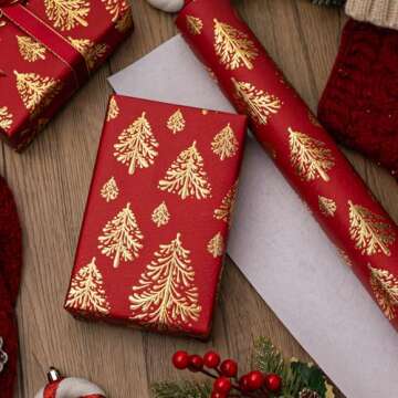 Flyhill Kraft Christmas Wrapping Paper-17inch*32.8ft（46.8sq.ft.ttl Per Roll- Red and Gold 3D Embossed Foil Christmas Trees Design for New Year,Birthday,Party,Craft & Art