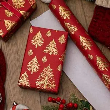 Flyhill Kraft Christmas Wrapping Paper-17inch*32.8ft（46.8sq.ft.ttl Per Roll- Red and Gold 3D Embossed Foil Christmas Trees Design for New Year,Birthday,Party,Craft & Art