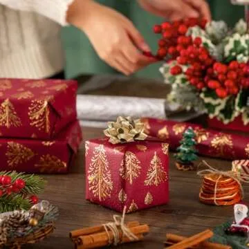 Flyhill Kraft Christmas Wrapping Paper-17inch*32.8ft（46.8sq.ft.ttl Per Roll- Red and Gold 3D Embossed Foil Christmas Trees Design for New Year,Birthday,Party,Craft & Art