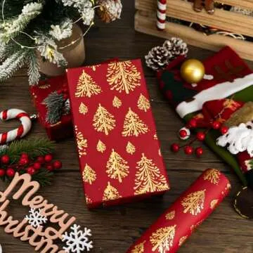 Flyhill Kraft Christmas Wrapping Paper-17inch*32.8ft（46.8sq.ft.ttl Per Roll- Red and Gold 3D Embossed Foil Christmas Trees Design for New Year,Birthday,Party,Craft & Art