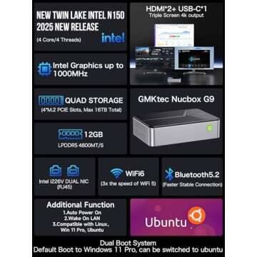 GMKtec Mini PC NAS, G9 Intel N150 Dual Boot Win Linux Desktop Computer 12GB DDR5 64GB EMMC + 1TB M.2...