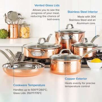 Viking 10 Piece Copper Cookware Set - Hammered Cookware Collection
