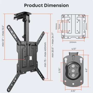 PUTORSEN Flip Down TV Mount, Manual Folding Ceiling TV Mount for Most 23'' to 55'' TVs, Height Adjustable Drop Down TV Mount for Flat & Pitched Roof, Swivel, Max Load 44lbs, Max VESA 400x400, Black