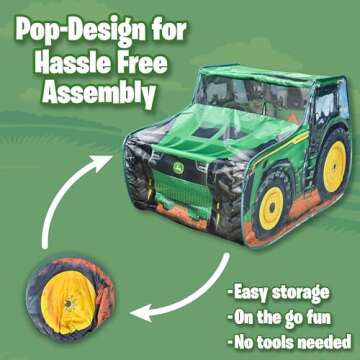 John Deere Pop Up Tent – Tractor Playhouse for Kids | Removable Key Fob with Tractor and Farm Sounds | Vehicle Toys for Toddlers - Sunny Days Entertainment