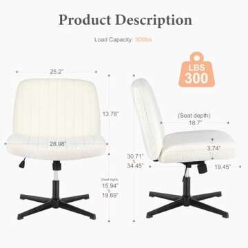 Sweetcrispy Criss Cross Chair Legged, Armless Office Desk Chair No Wheels, Swivel Vanity Chair, Height Adjustable Wide Seat Computer Task Chair, Fabric Vanity Modern Home Chair White