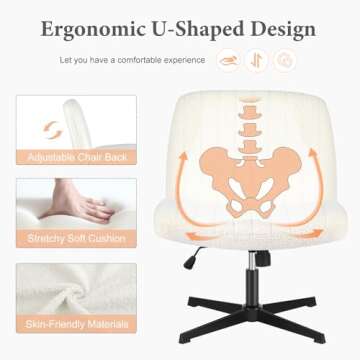 Sweetcrispy Criss Cross Chair Legged, Armless Office Desk Chair No Wheels, Swivel Vanity Chair, Height Adjustable Wide Seat Computer Task Chair, Fabric Vanity Modern Home Chair White