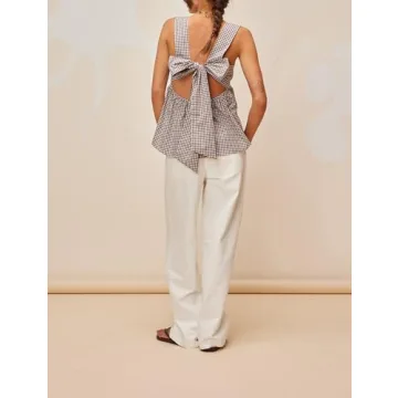 Dsewpaur Women Sleeveless Gingham Tops Y2K Bow Tie Back Tank Tops Square Neck Backless Casual Summer Going Out Peplum Tops