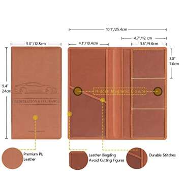 TOURSUIT Car Registration and Insurance Card Holder, Vehicle License Document Glove Box Compartment Organizer, Interior Car Accessories for Women Men Teens (Brown)