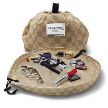 Lay-n-Go Cosmo Drawstring Cosmetic & Makeup Bag Organizer - Portable Drawstring Makeup Bag w/Zipper Pocket, Makeup Loops & More - Durable, Machine Washable Makeup Bag for Travel (20”, Checked)