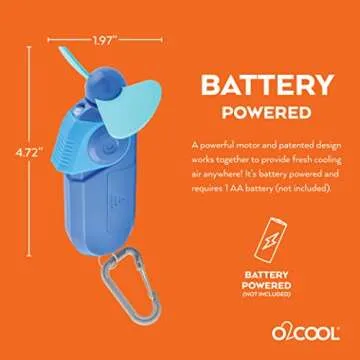 O2COOL Carabiner Sport Misting Fan - Pocket Sized, Portable On-The-Go Battery Powered Cooling, Sports Carabiner Fan, Blue