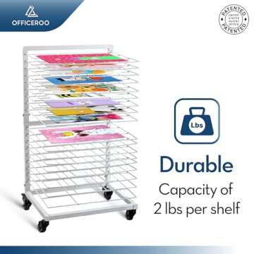 OFFICEROO Art Drying Rack for Classroom - 18 Removable Shelves, Movable Paint Drying Rack with Lockable Wheels - Art Storage & Painting Drying Rack for Artwork in Studio, Schools, Classrooms - White
