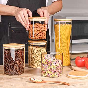 ComSaf Airtight Glass Storage Canister with Bamboo Lid (27oz/37oz/50oz/71oz) Set of 8, Clear Food Storage Container Kitchen Pantry Storage Jar for Flour Cereal Sugar Tea Coffee Beans Snacks