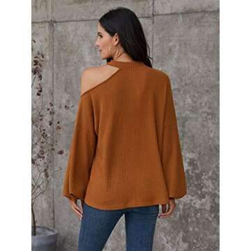 Romwe Women's Waffle Knit Tunic Tops Cold Shoulder Long Sleeve Loose Blouse Shirts Brown L